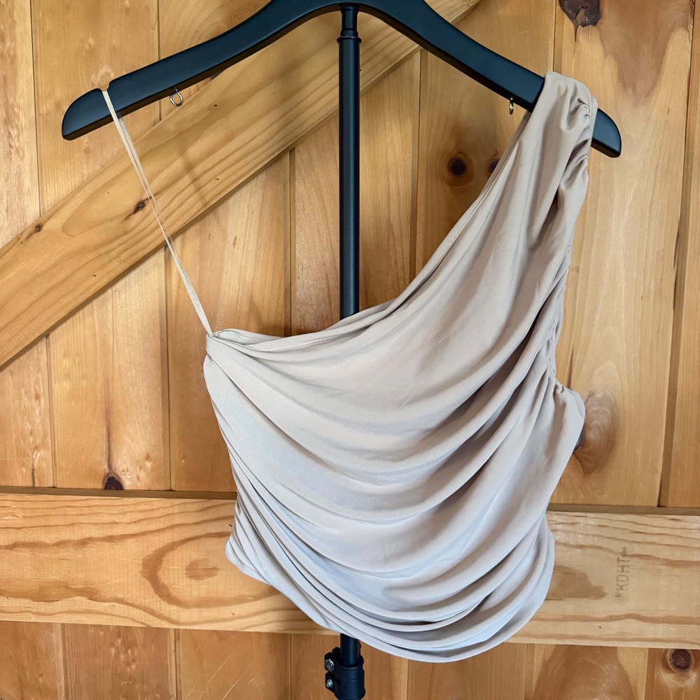 Express One Shoulder Top Womens Medium Beige Ruched Draped Asymmetrical Chic